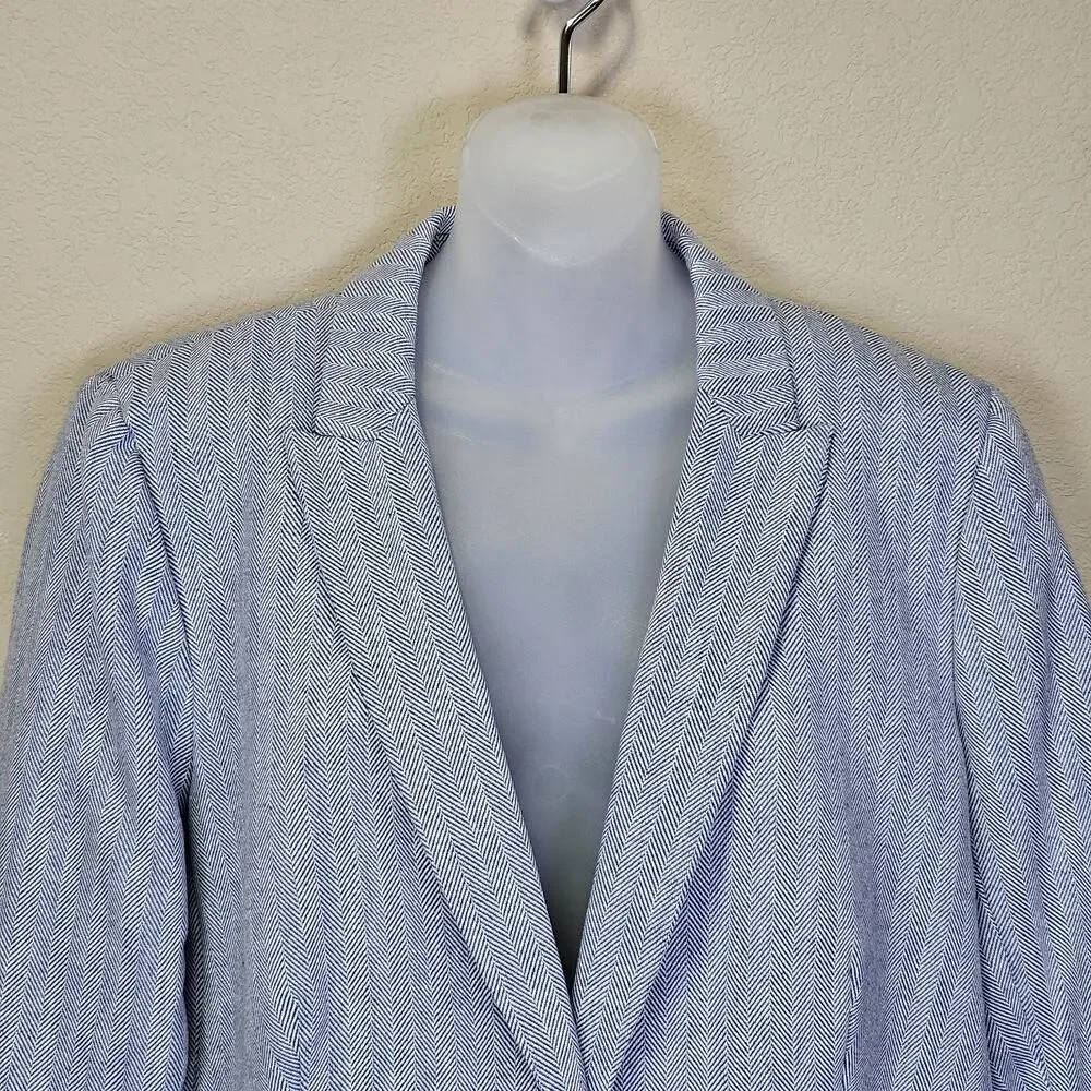J.Crew Herringbone Blazer Women 16 Cotton Linen Blue White Preppy Academia CL240